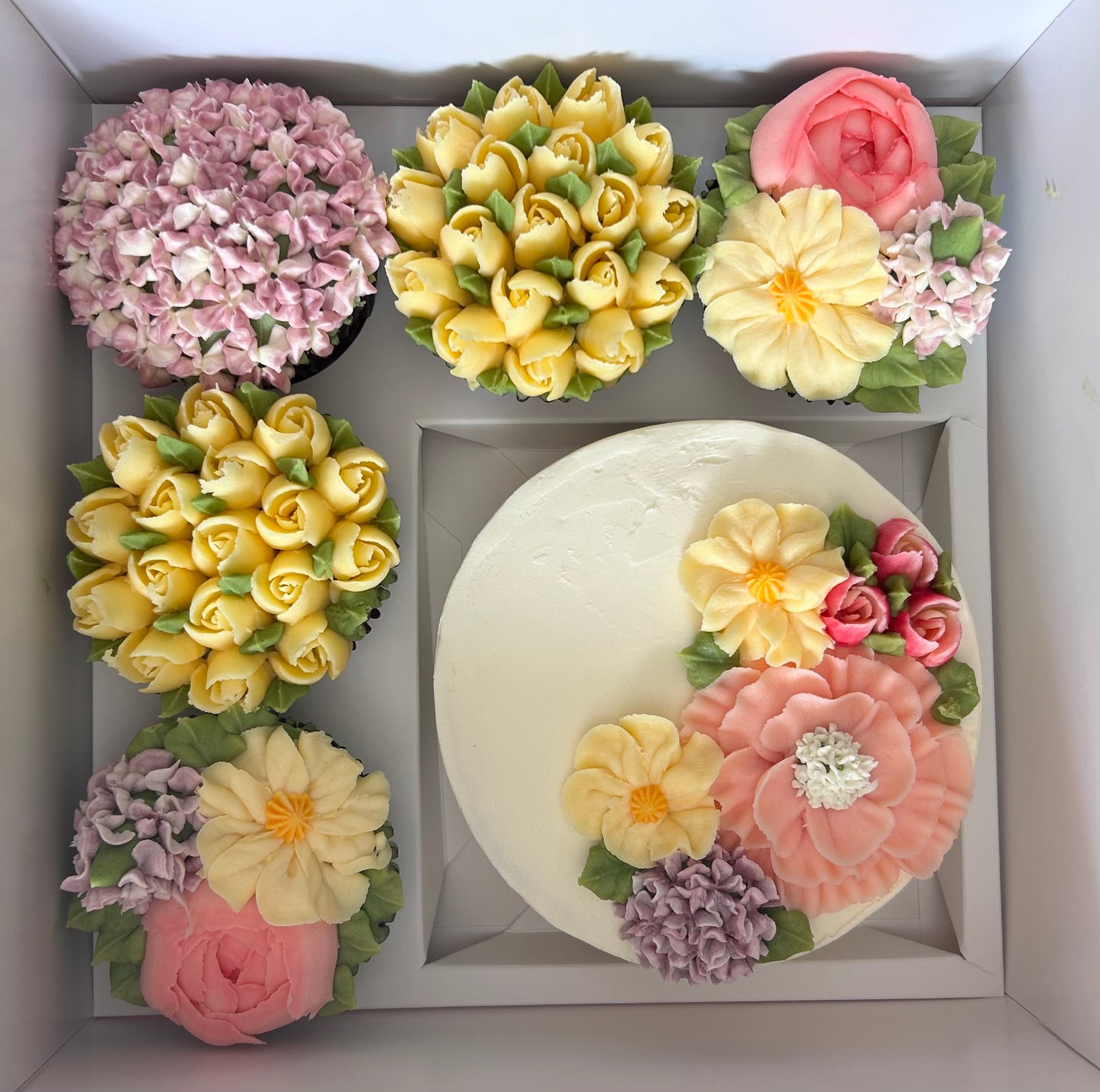 Bento box with a 5' cake and 5 cupcakes