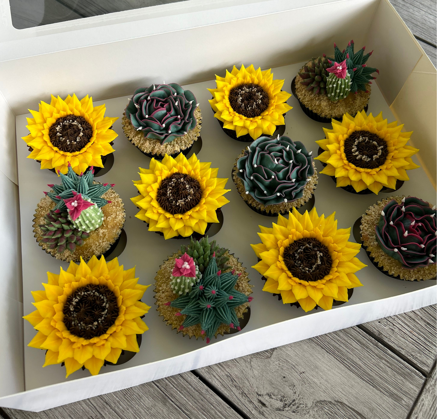 box of cactus, succulent and sunflower cupcakes
