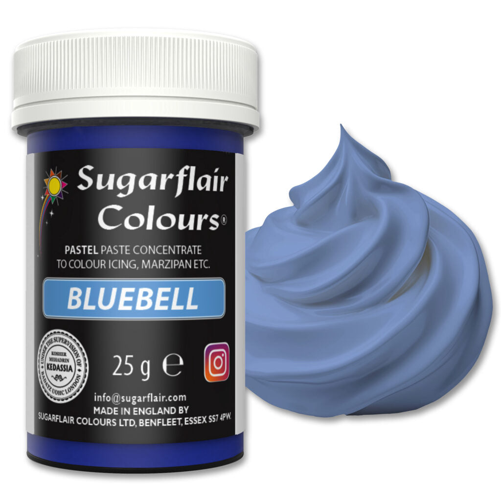 Sugarflair Colours Bluebell paste concentrate container with a swatch of blue color on a white background
