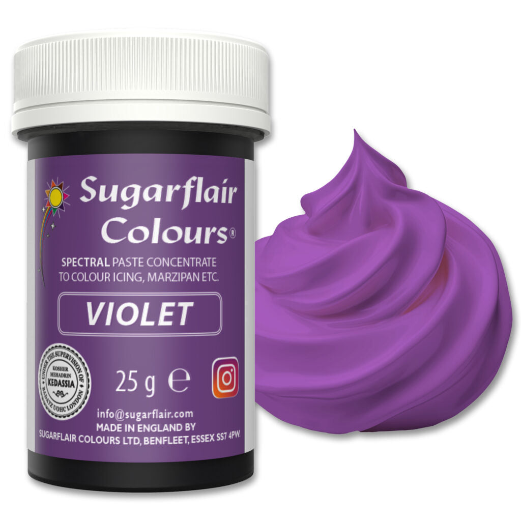 Jar of Sugarflair Colours Violet spectral paste concentrate with a swatch of purple color on a white background.