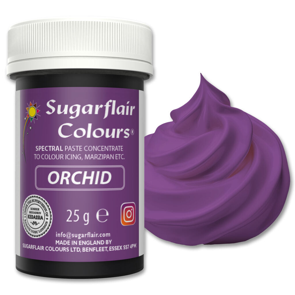Purple jar of Sugarflair Colours orchid spectral paste concentrate with a swatch on a white background