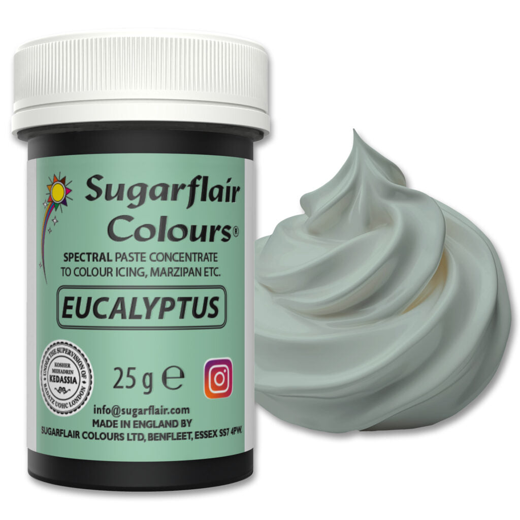 Jar of Sugarflair Eucalyptus colour paste with a swatch of the color on a white background