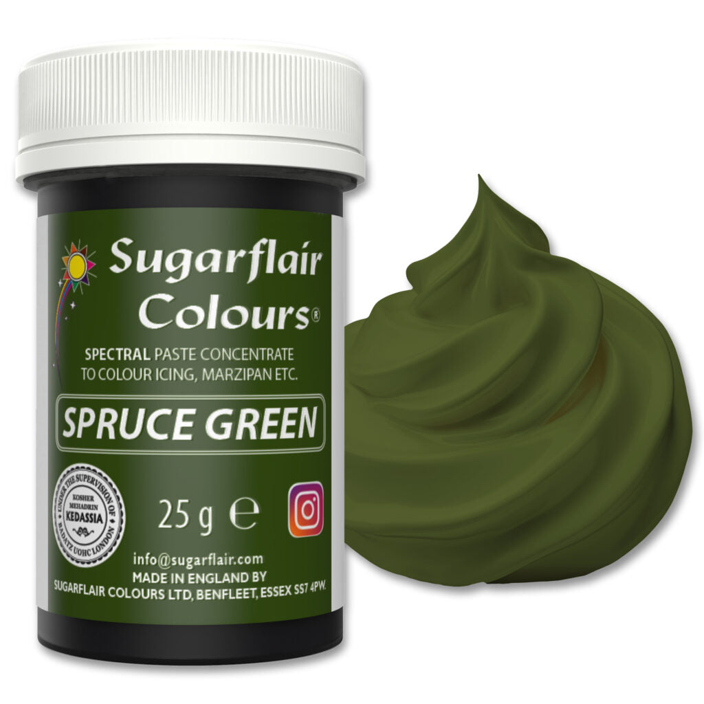 Jar of Sugarflair Colours Spruce Green spectral paste concentrate with a swatch on a white background