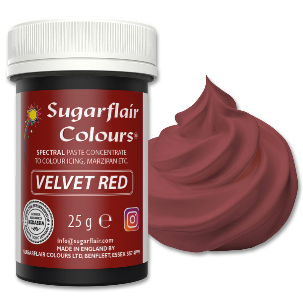 Jar of Sugarflair Colours Velvet Red paste with a swatch on a white background