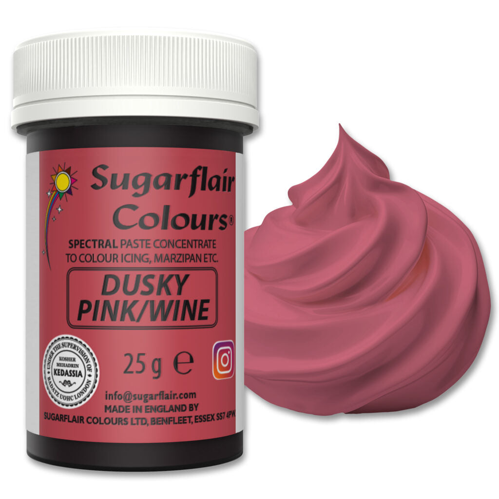 Jar of Sugarflair dusky pink/wine colouring paste with a swatch on a white background