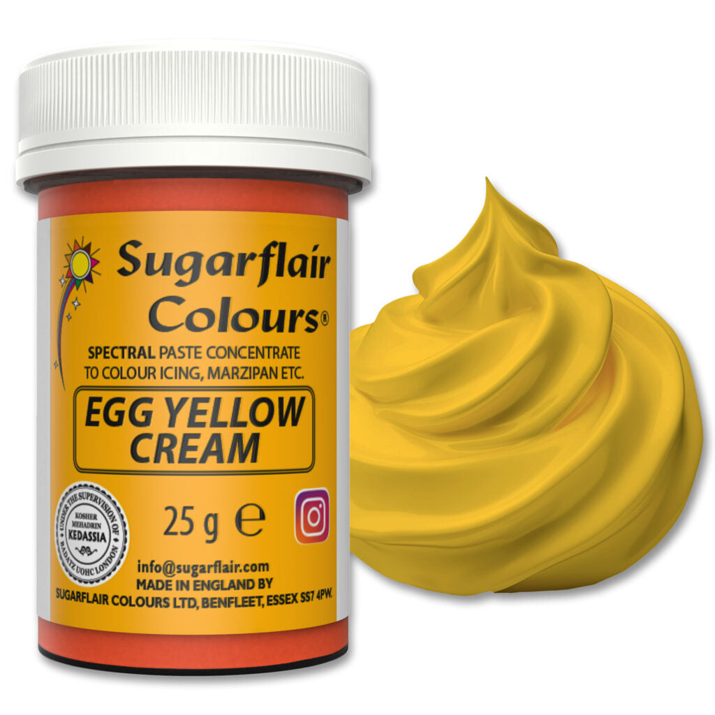 Jar of Sugarflair Egg Yellow Cream with a swatch of yellow color on a white background