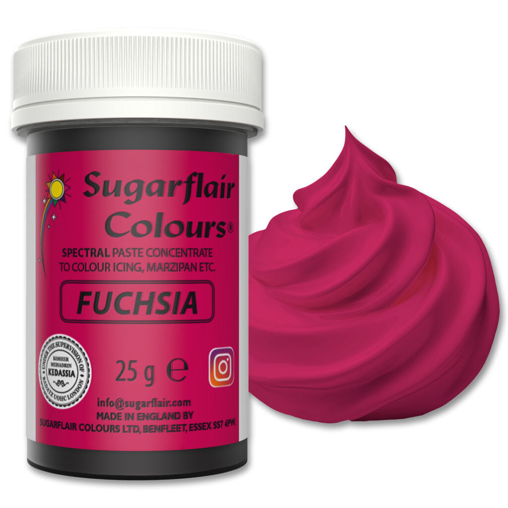 Jar of Sugarflair Fuchsia food color with a swatch of pink color on a white background