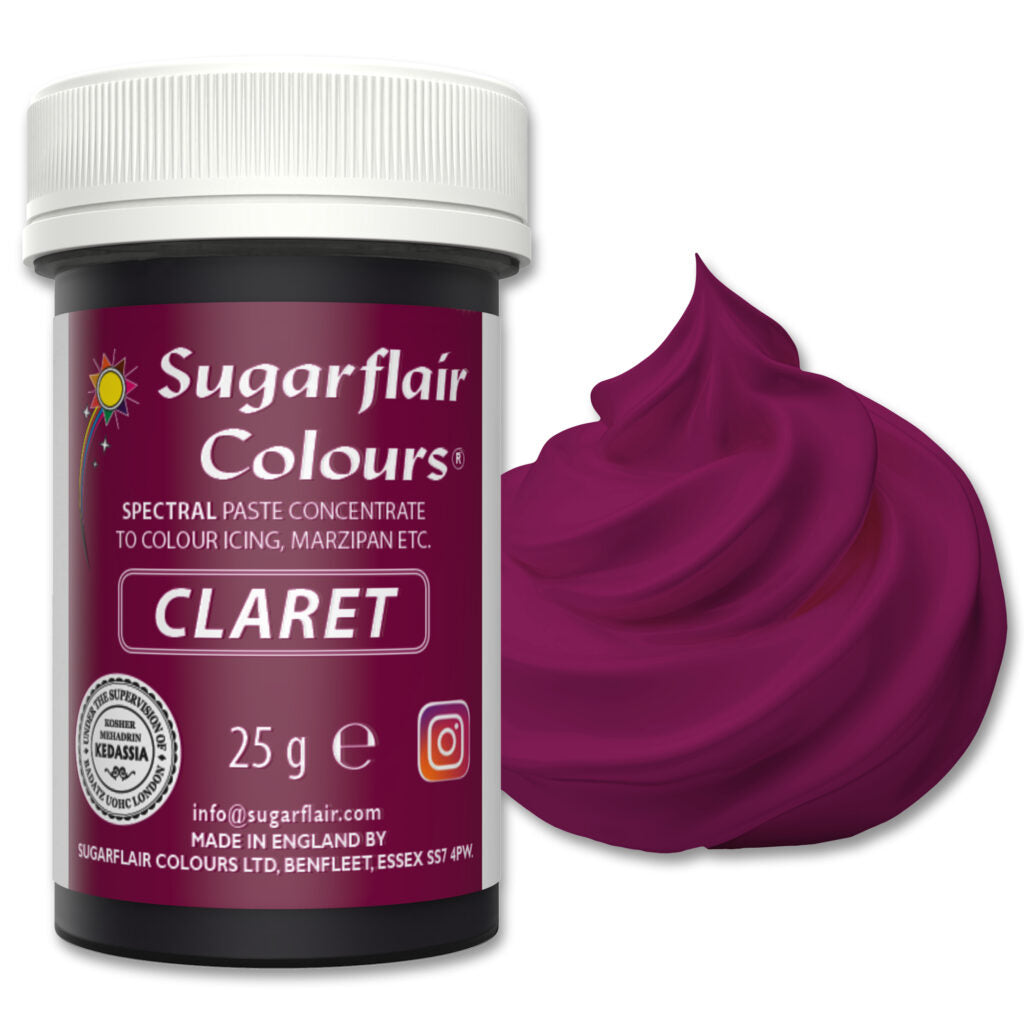 Jar of Sugarflair Claret food color with a swatch of purple color on a white background