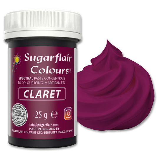 Jar of Sugarflair Claret food color with a swatch of purple color on a white background
