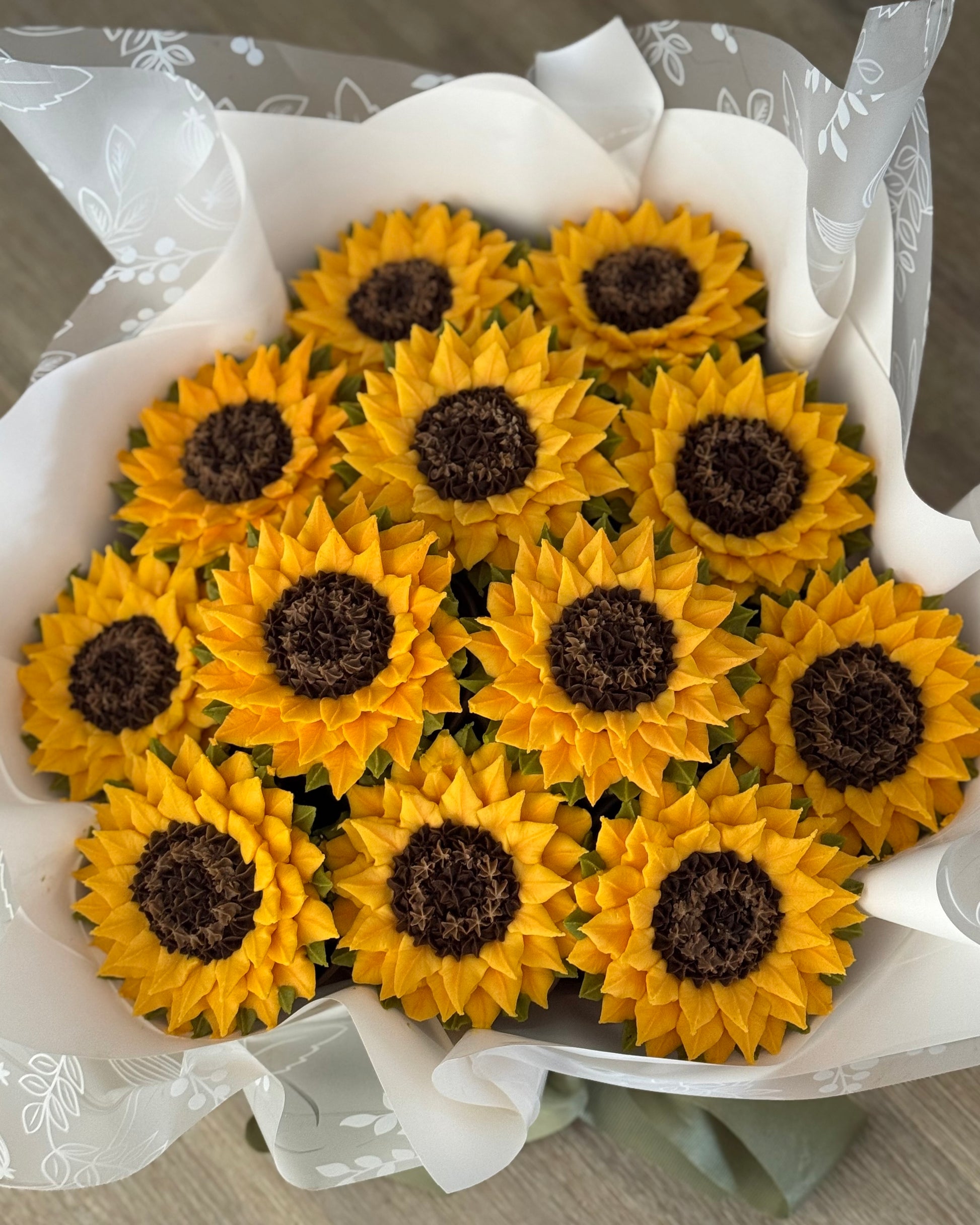 Bouquet of floral buttercream sunflower cupcakes