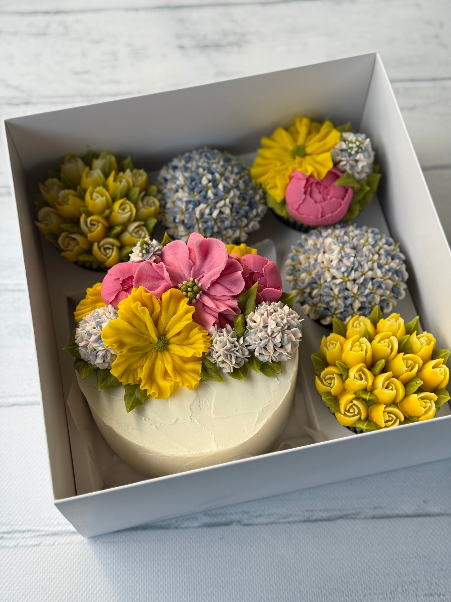 Bento box with a 5' cake and 5 cupcakes 