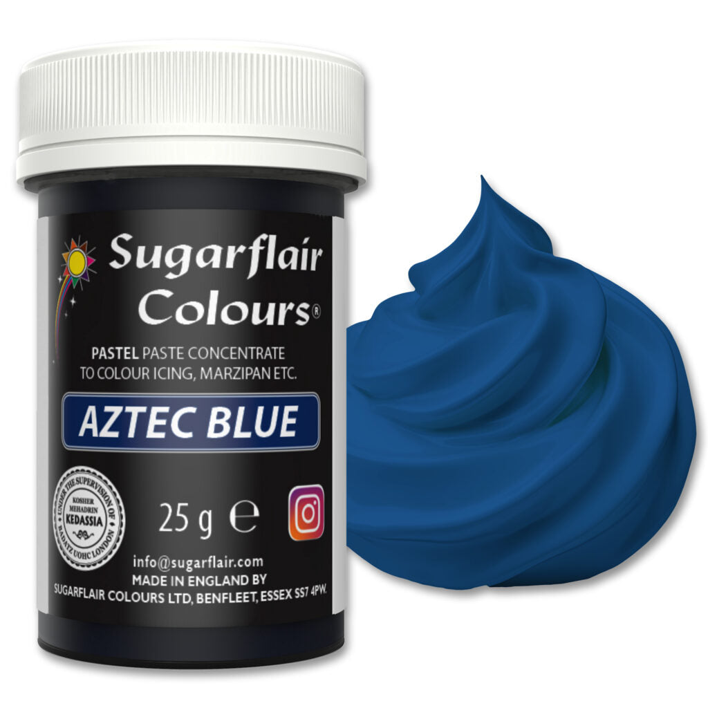 Sugarflair Colours Aztec Blue paste concentrate with a swatch of blue color on a white background