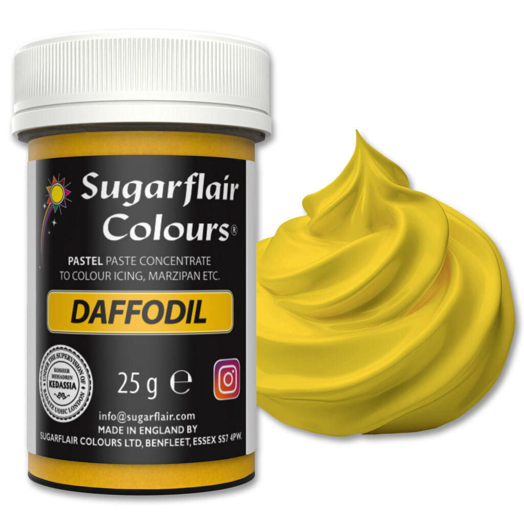 Jar of Sugarflair Daffodil pastel paste concentrate with a swatch of yellow color on a white background