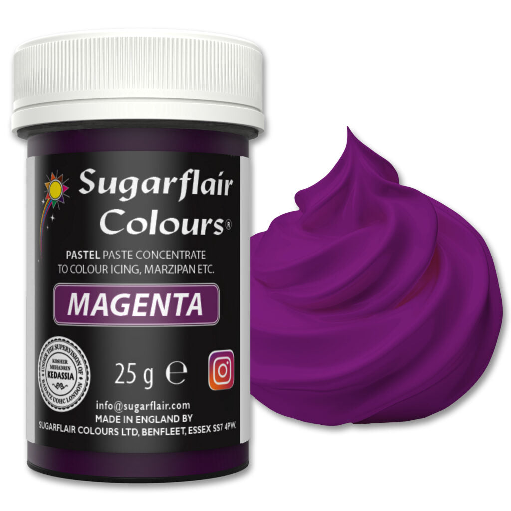 Sugarflair Colours magenta paste concentrate with a swatch of purple color on a white background