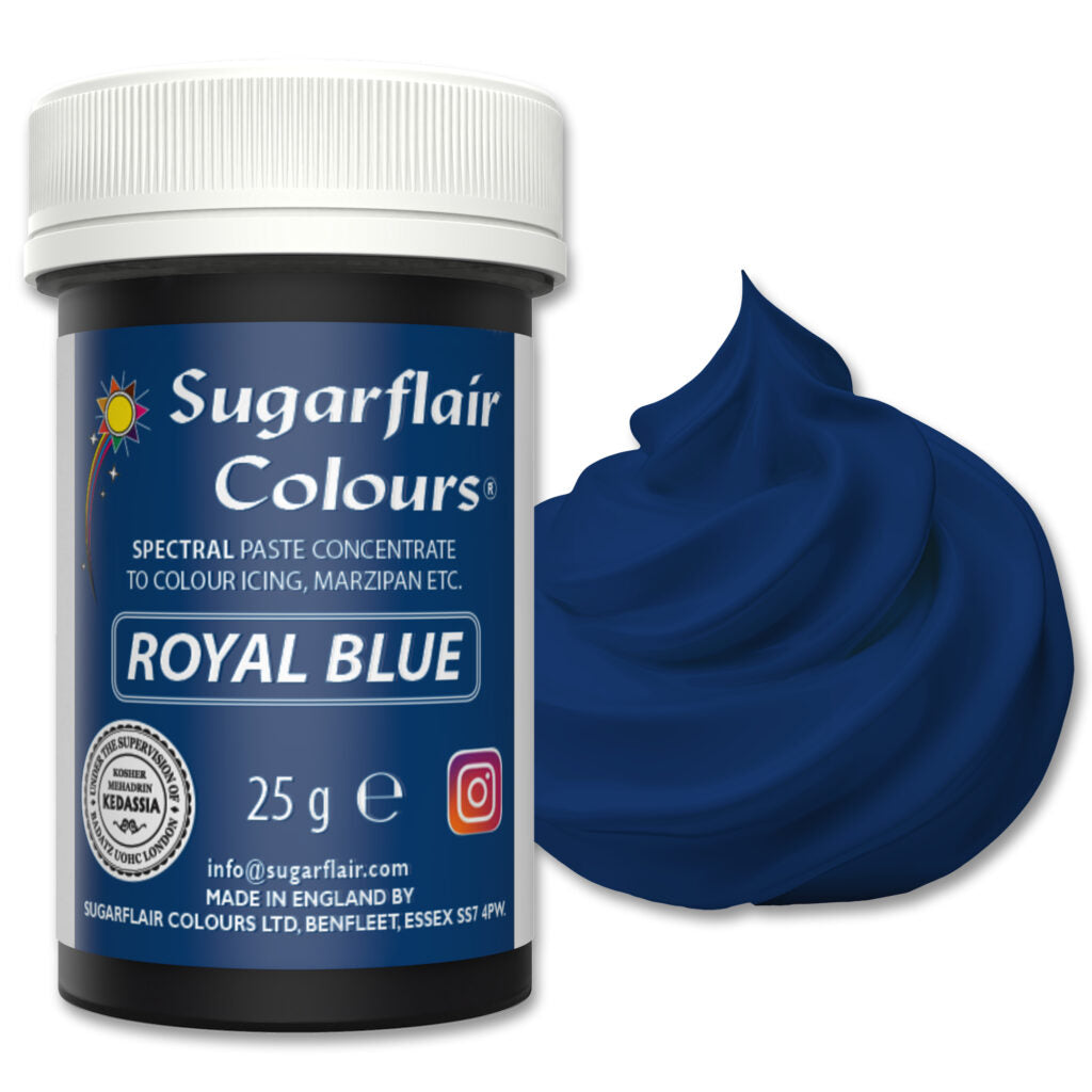Jar of Sugarflair Colours Royal Blue spectral paste concentrate with a swatch on a white background