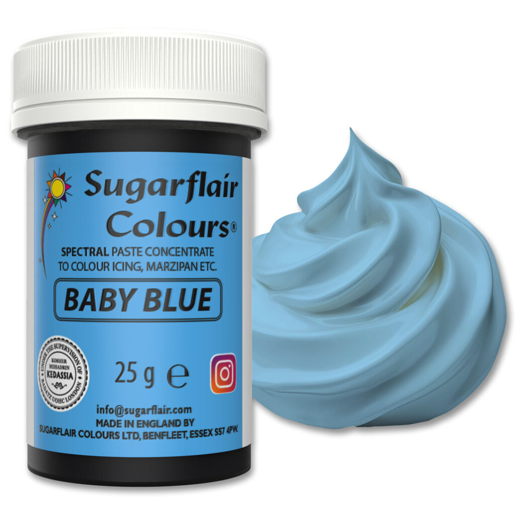 Jar of Sugarflair baby blue spectral paste concentrate with a swatch of blue color on a white background.
