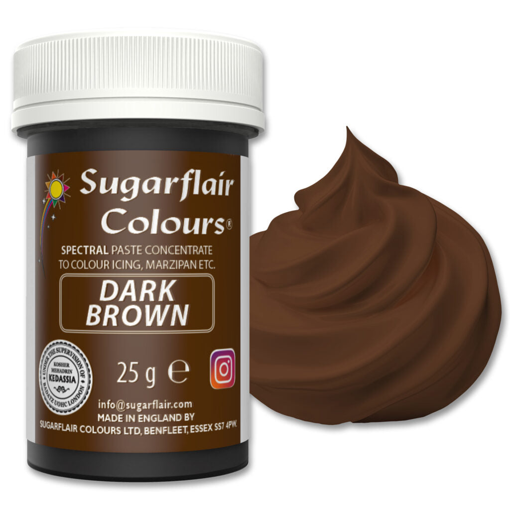 Jar of Sugarflair Colours dark brown spectral paste concentrate with a swatch on a white background