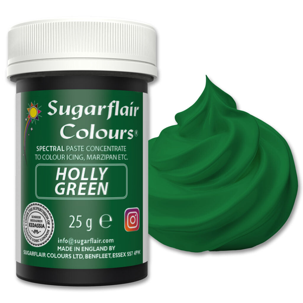 Jar of Sugarflair Colours Holly Green spectral paste concentrate with a swatch on a white background