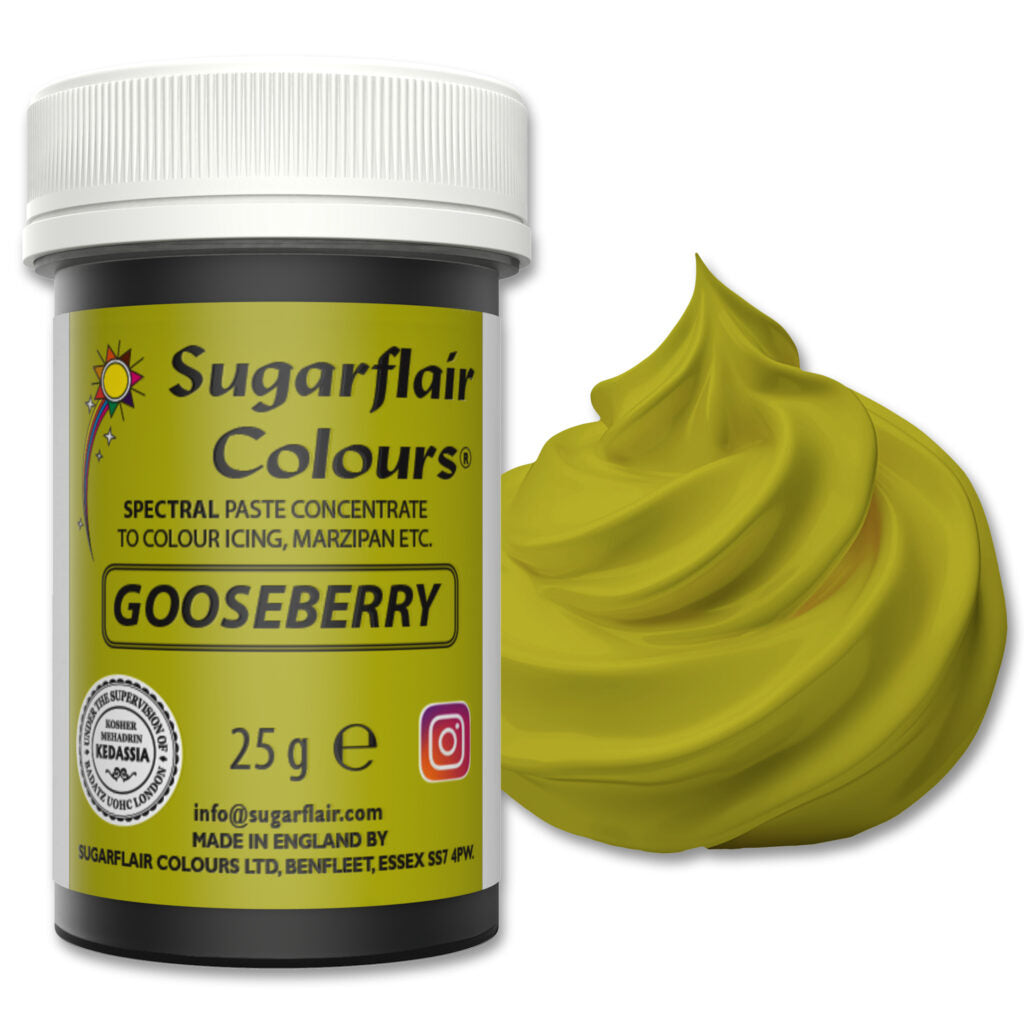 Jar of Sugarflair gooseberry color paste with a swatch on a white background