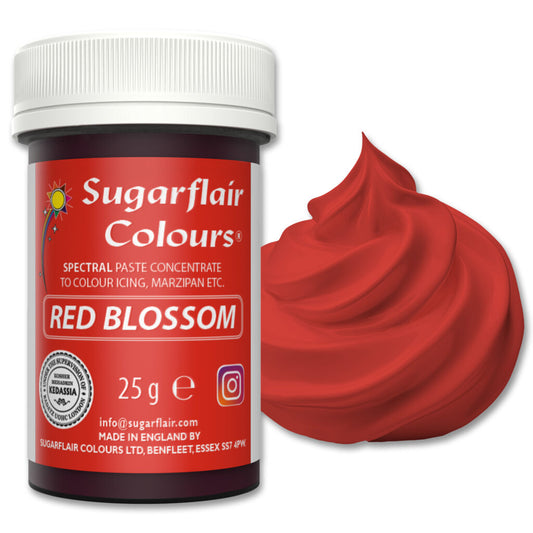 Jar of Sugarflair Colours Red Blossom paste with a red swirl sample on a white background
