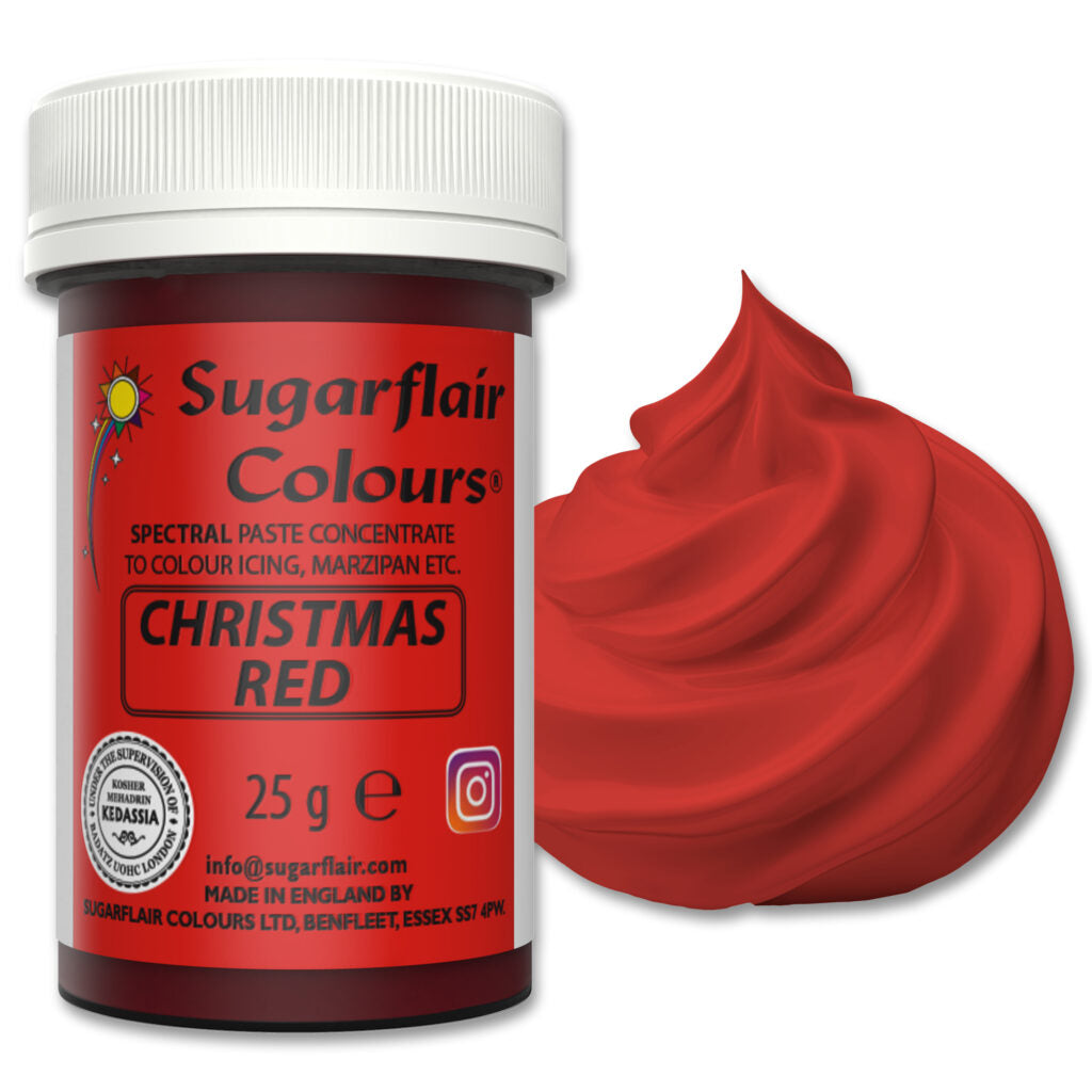 Jar of Sugarflair Christmas Red food color with a swatch of red color on a white background