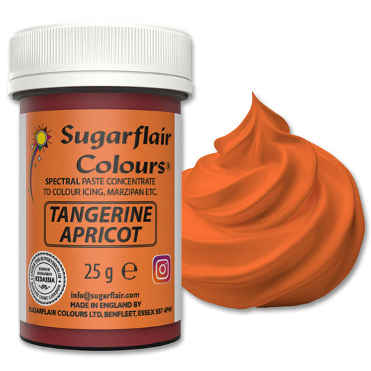 Jar of Sugarflair Tangerine Apricot food color with a swatch of orange color on a white background