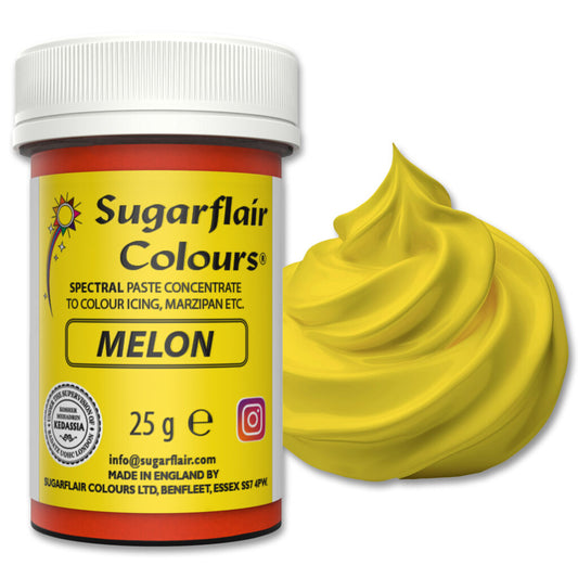 Jar of Sugarflair Melon color paste with a swatch of yellow color on a white background