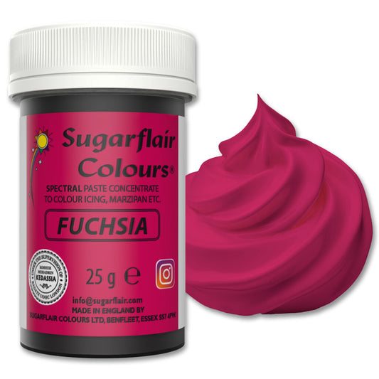 Jar of Sugarflair Fuchsia food color with a swatch of pink color on a white background