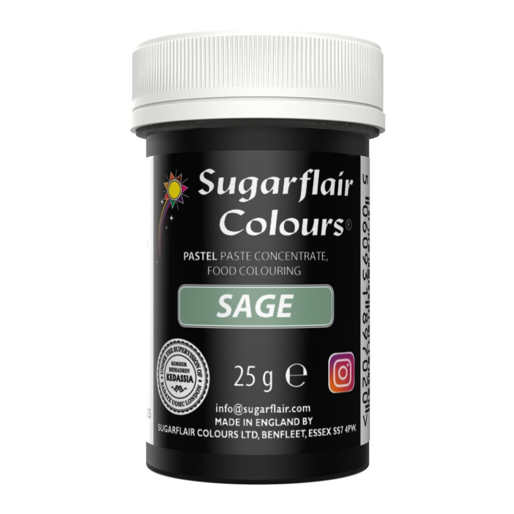 Sugarflair Colours sage green paste concentrate packaging on a white background